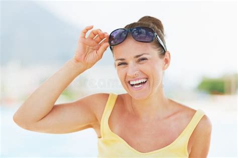portrait  smiling young woman  vacation stock image image