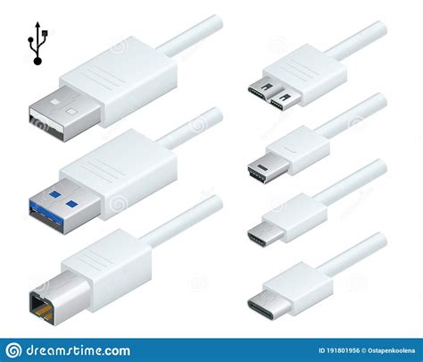 Isometric White Usb Types Port Plug In Cables Set With Realistic