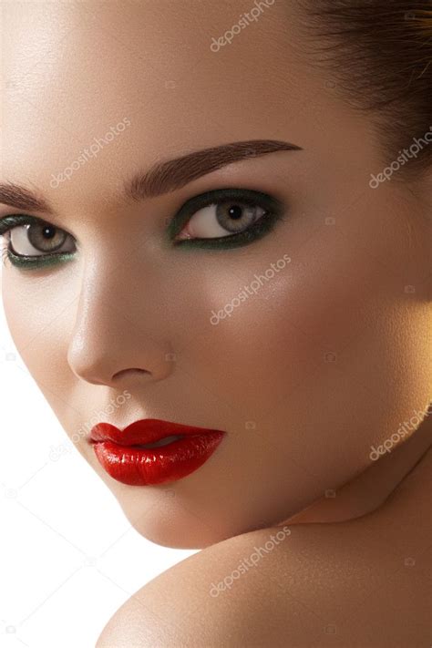 Portrait Of Beautiful Woman S Purity Face With Bright Red