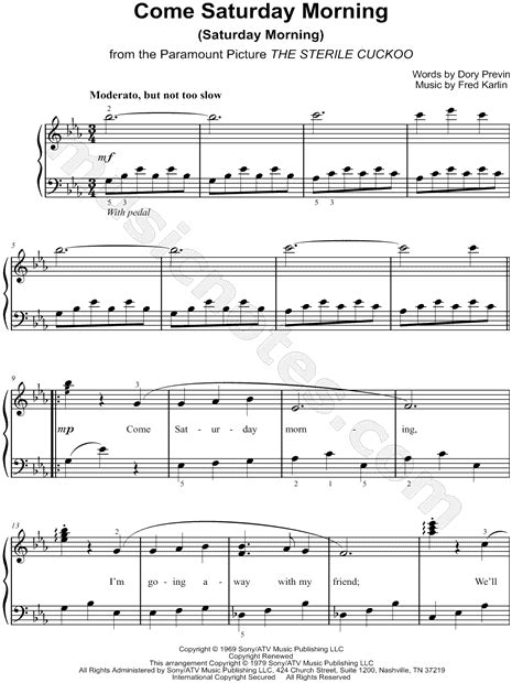 The Sandpipers "Come Saturday Morning" Sheet Music (Easy