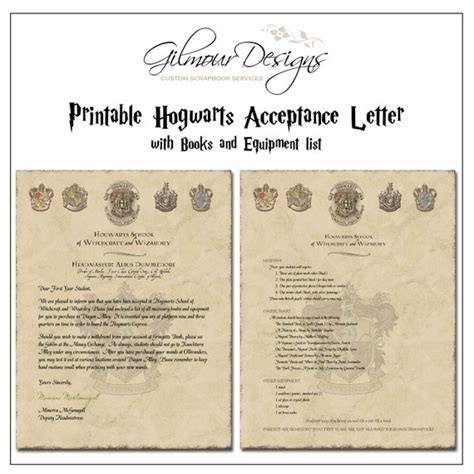 harry potter hogwarts acceptance letter printable  book
