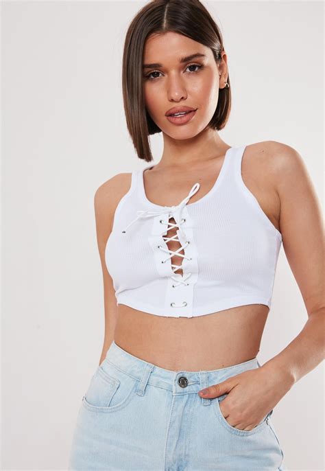 white ribbed lace up crop top missguided