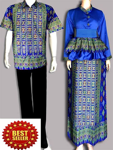 jual couple gamis peplum batik songket palembang biru