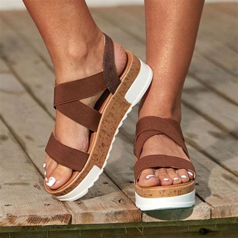 platform sandals women summer beach shoes women open toe casual sandals wedge cork elastic strap