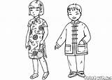 Chinois Cinesi Enfants Chinesische Colorkid Dzieci Abiti Traditioneller Russes Tradycyjnych Strojach Tradizionali Kolorowanka Chińskie Kolorowanki sketch template