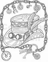 Coloring Steampunk Hat Pages Adult Colouring Mechanical Drawing Printable Coloriage Book Drawings Adults Color Keys Dessin Print Colorier Chains Feather sketch template