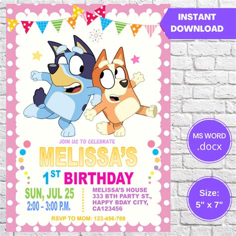 bluey girls pink birthday invitation template