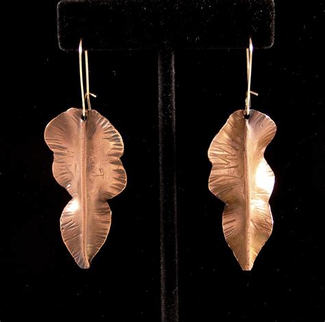 copper fold formed naturalistic rustic leaf dangle earings etsy
