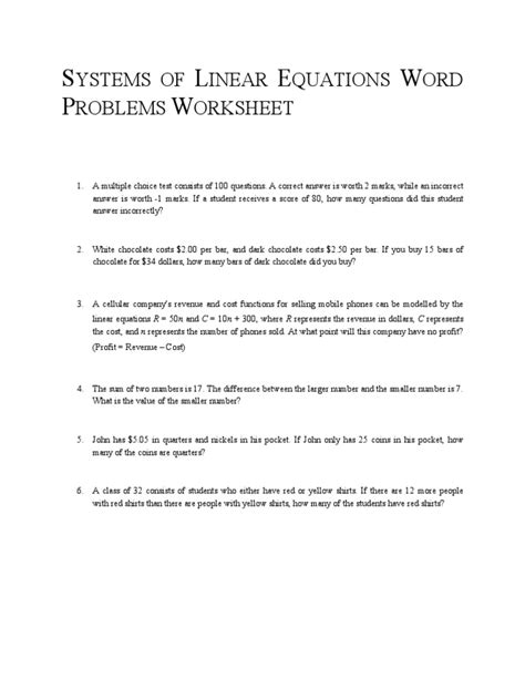 systems  linear equations word problems worksheet