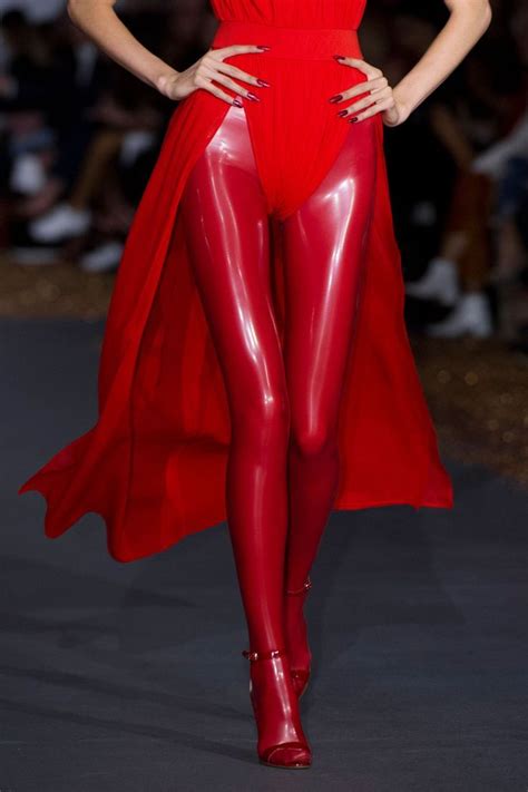 gareth pugh red latex leggings worn underneath a flowing red dress latex fashion pinterest
