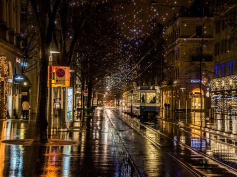 wallpaper street at night after rain zurich switzerland