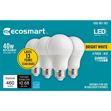ecosmart  watt equivalent  dimmable energy star led light bulb bright white  pack