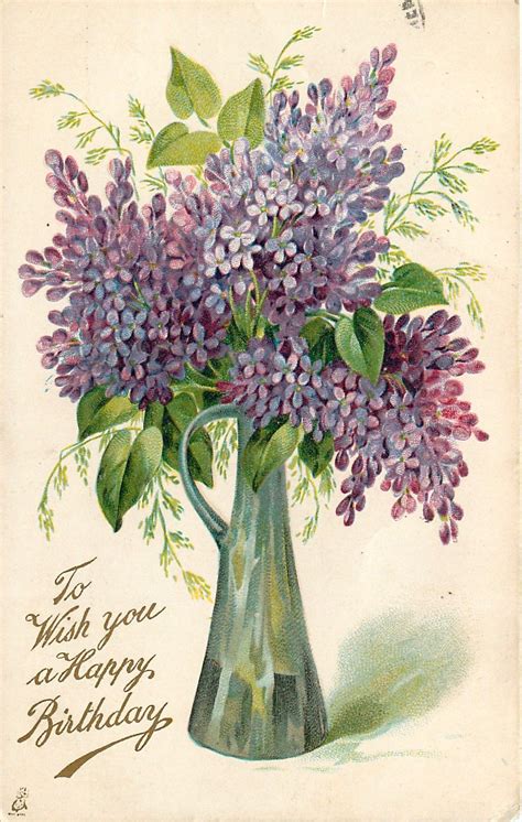 happy birthday purple lilacs  vase vintage floral