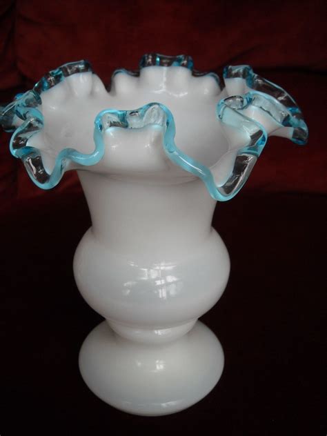 Vintage Fenton White Milk Glass Ruffled Vase Blue Trim Antique