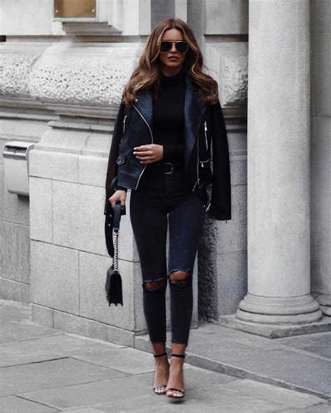 all black street look leather jacket bodysuit ripped