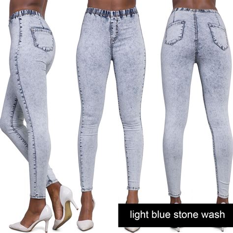 womens ladies high waisted blue skinny fit jeans stretch denim jegging