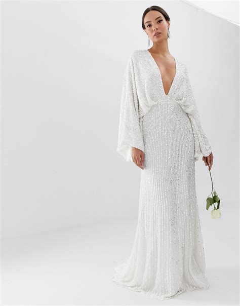 asos ciara sequin kimono sleeve wedding dress  white lyst uk