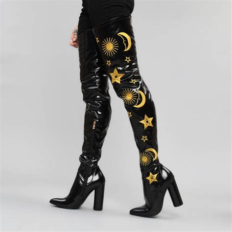 Astrid Star And Moon Long Boots Thigh High Chunky Heel Boots Ankle