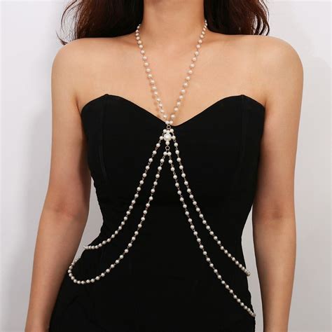 Sexy Body Jewelry Necklace Elegant Summer Pearl Rhinestone Crossover