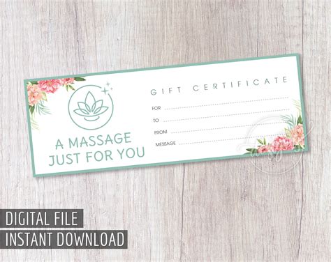 massage gift certificate valentines day printable gift etsy