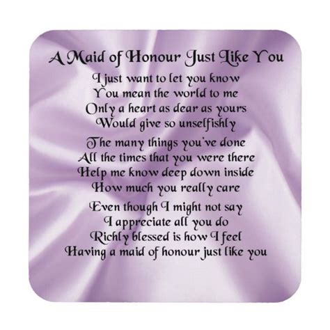 Maid Of Honor Poem Lilac Silk Design Coaster Zazzle