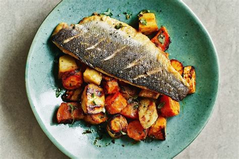 Pan Fried Sea Bass With Miso Lemon And Thyme Glazed Roasties Recipe