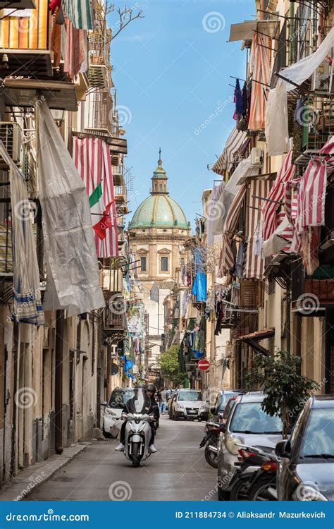 typical italian narrow street   town  palermo sicily editorial