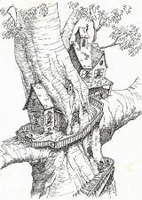 Coloring Tree Pages House Treehouse Treehouses Adult Drawings Drawing Fantasy Book Houses Printable Sketch Kids Sketches Pencil Clip Swiss Family sketch template