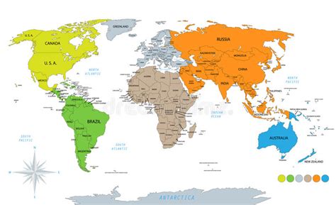 World Color Map Continents And Country Name Stock