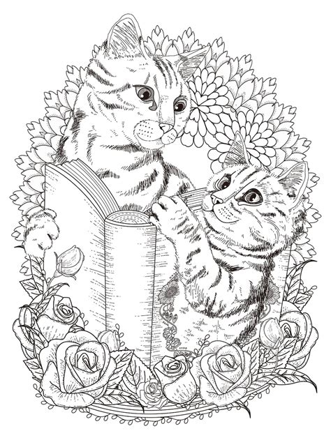 schattige katten met boek en bloemendecoraties volwassen kleurplaat
