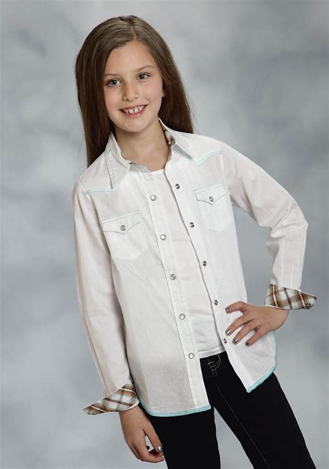 Roper® Girl S White Poplin Garment Washed Long Sleeve Snap