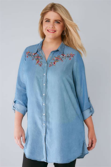 Womens Denim Longline Shirt With Floral Embroidery Plus Size 16 To 36