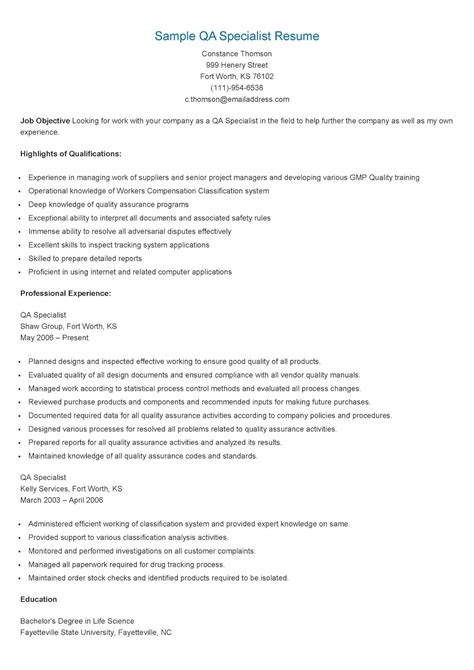 resume samples sample qa specialist resume