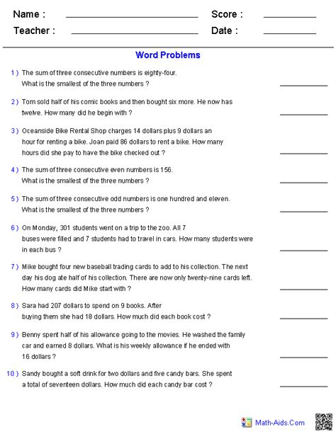 step equation word problems worksheets math aidscom pinterest