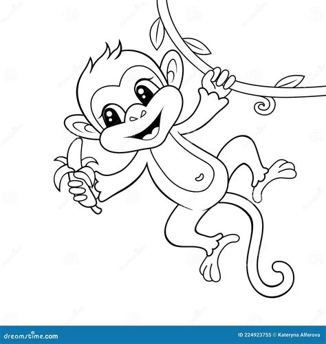 cute monkey  banana black  white vector illustration