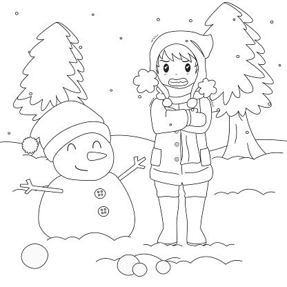 boy  cold weather coloring page vector template stock illustration