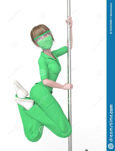 Nurse Girl Is Doing Exercise On A Pole Dance Bar Close Up View Stock