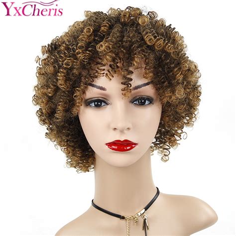 synthetic short curly wigs  black women blonde kinky curly wig heat resistant fiber fluffy