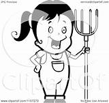 Farmer Cartoon Girl Clipart Pitchfork Happy Coloring Cory Thoman Outlined Vector Clipartof sketch template