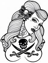 Girl Coloring Pinup Pages Pirate Rockabilly Tattoo Girls Tattoos Skull Designs Clipart Book Draw Drawing Outline Color Face Sexy Clip sketch template