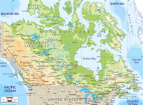 detailed physical map  canada canada detailed physical map vidiani