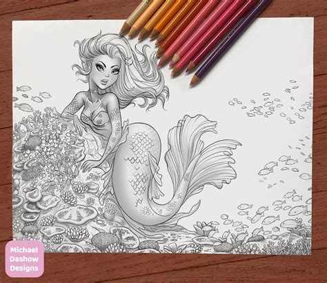 mermaid pin   printable adult coloring page instant etsy