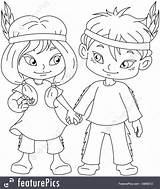 Coloring Indian Pages Boy Girl Holding Hands Feathers Kids Getcolorings sketch template