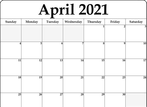 blank april  calendar printable