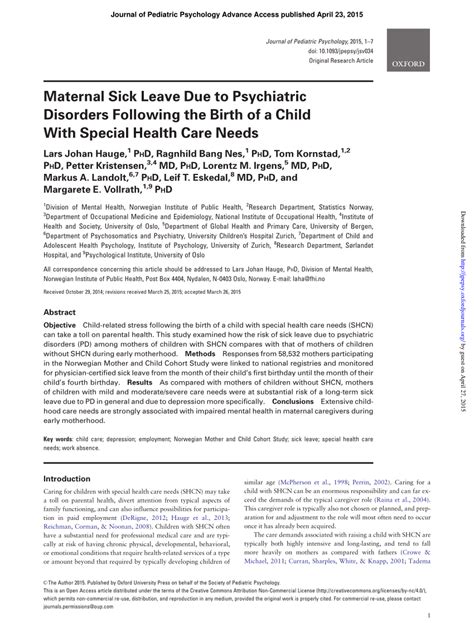 Pdf Maternal Sick Leave Due To Psychiatric Disorders Following The
