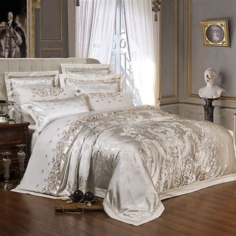 Buy White Silver Luxury Satin Jacquard Bedding Sets