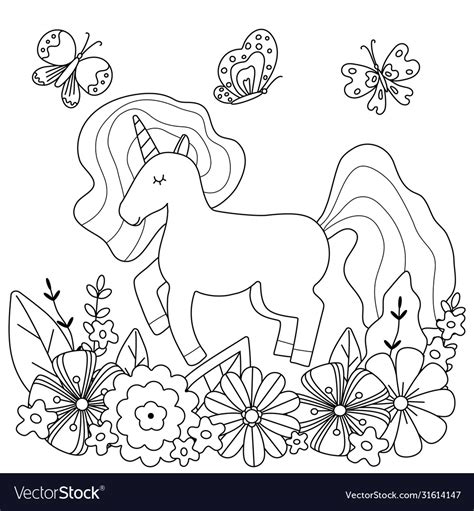 cute unicorn flowers coloring page vector illustration art stock