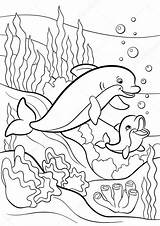 Coloring Pages Underwater Animals Marine Aquatic Sea Baby Dolphin Wild Scene Stock Vector Cute Little Mother Swims Illustration Ocean Printable sketch template