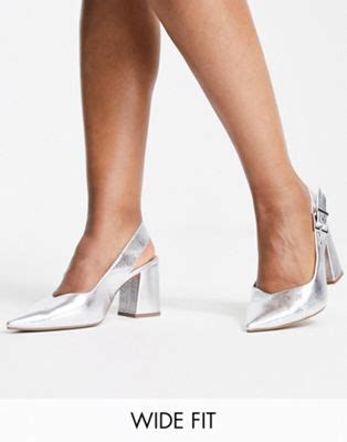 asos design slingback schoenen met blokhak en brede pasvorm  zilver asos