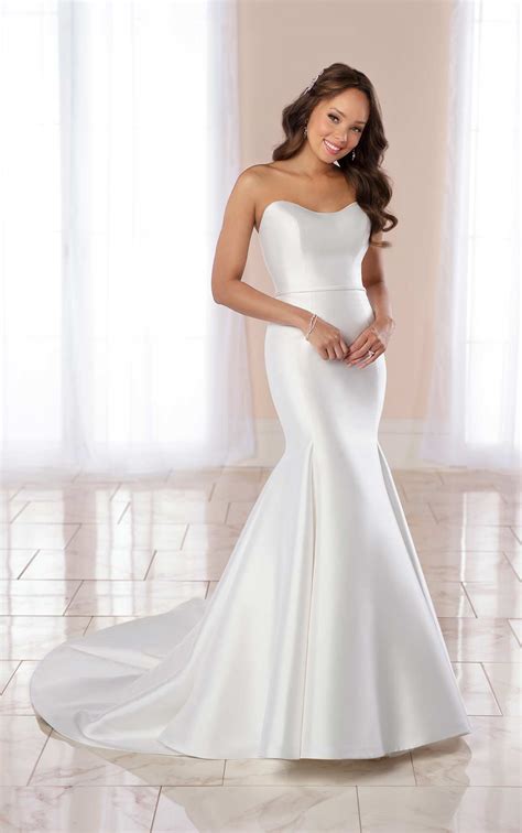 sleek and strapless fit and flare gown with box pleats
